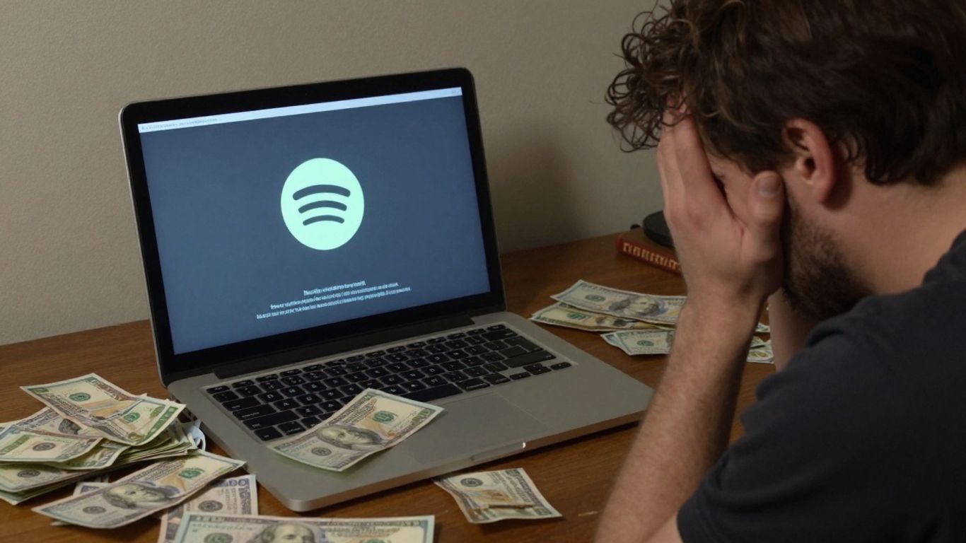 Musician upset over Spotify deleting album, money nearby.