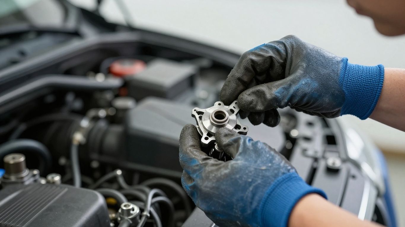 Mechaniker prüft Autoteil mit blauen Handschuhen