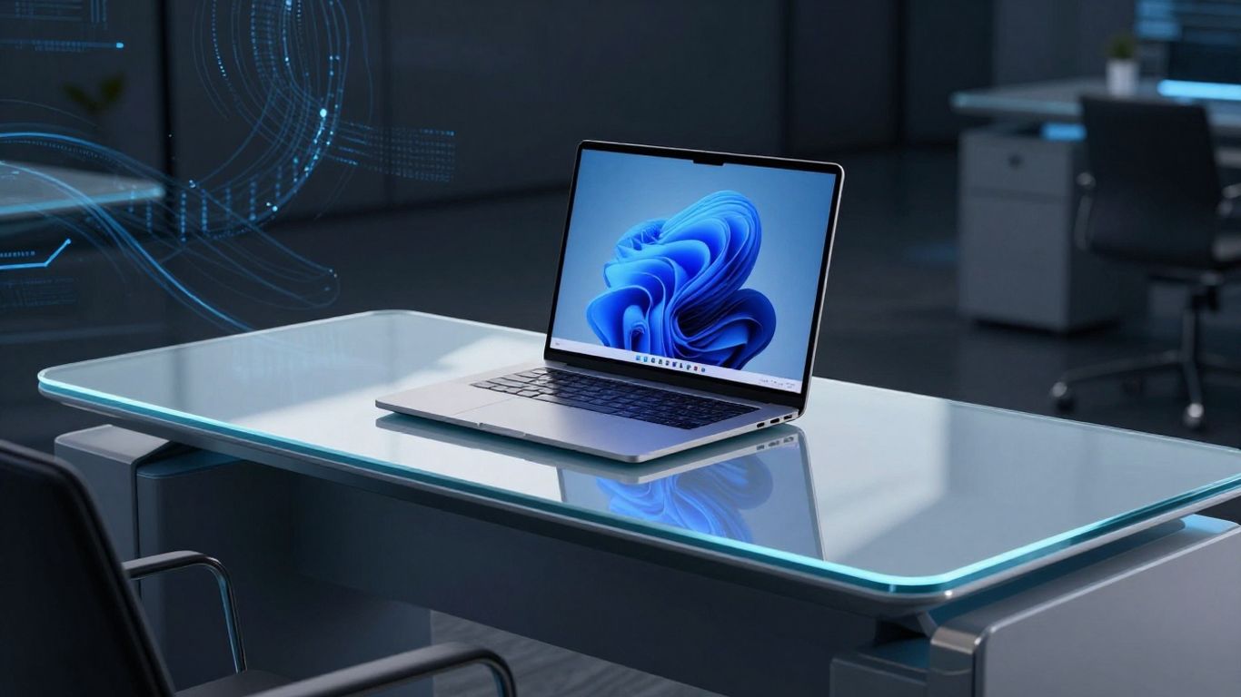 Modern office desk with laptop and digital technology