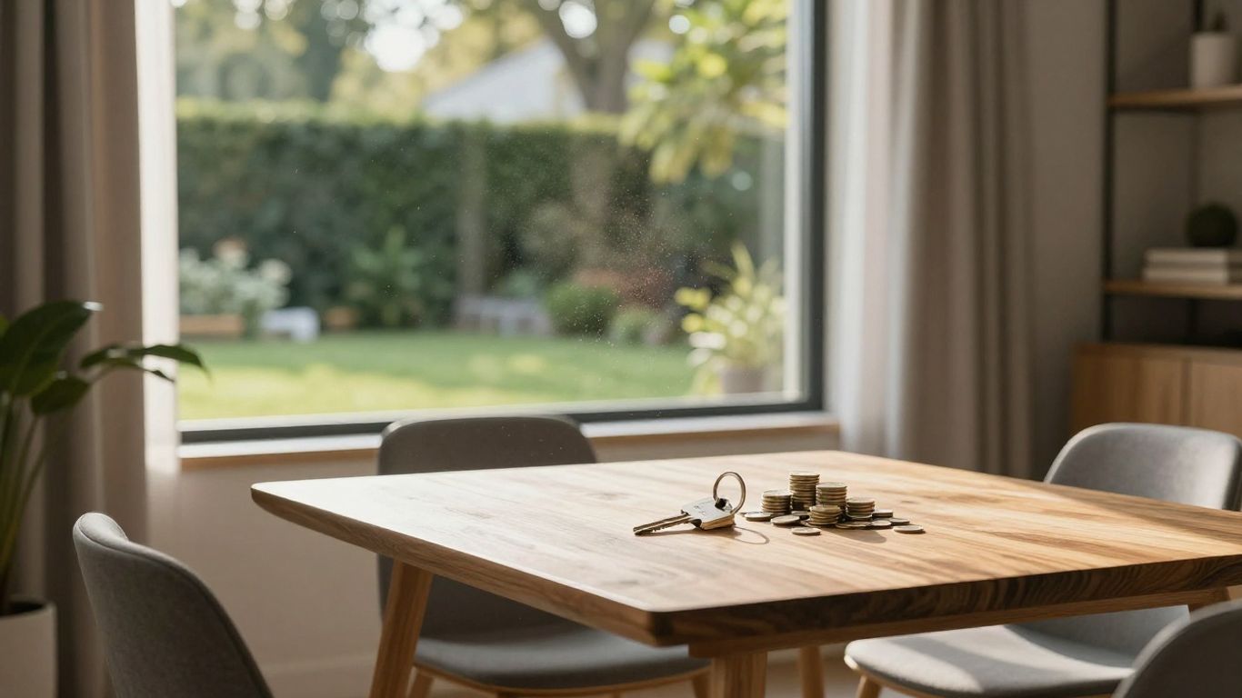 House key and coins on a table in a sunlit room.