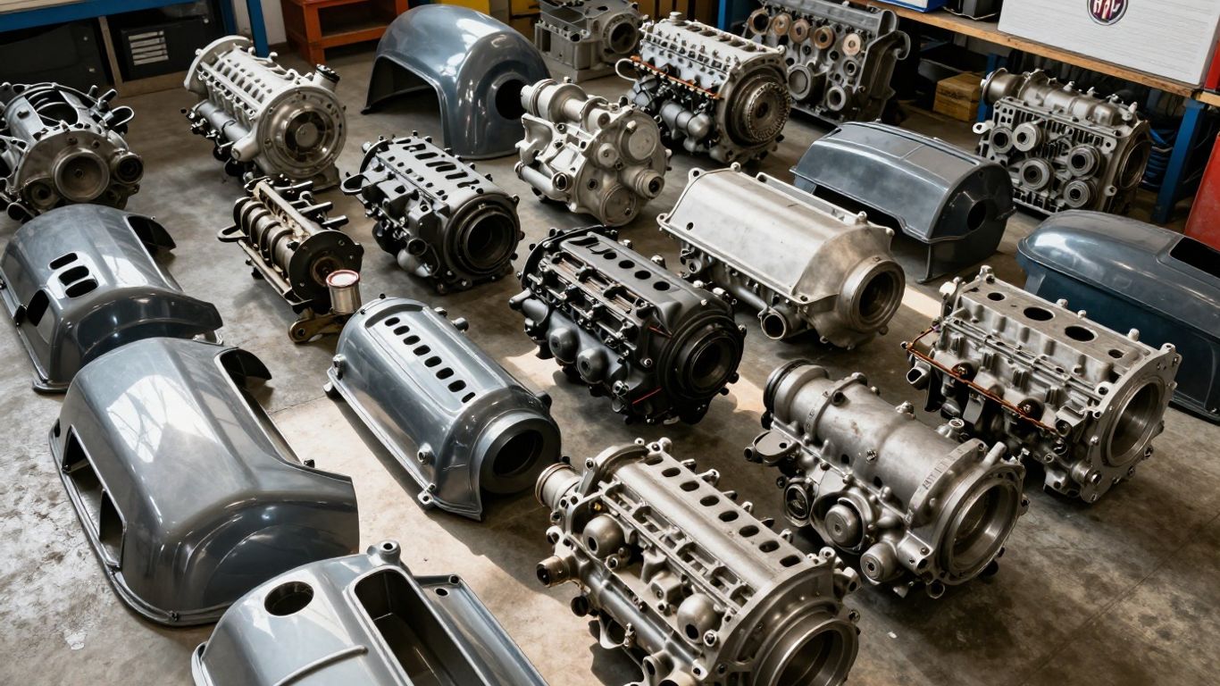 Fiat car parts arranged neatly in a wrecking yard.