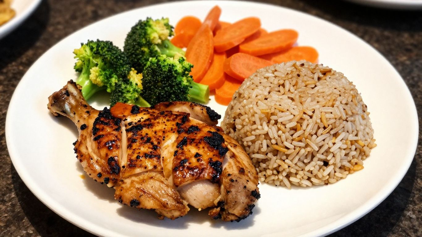 Restaurant plate with chicken, vegetables, and rice.