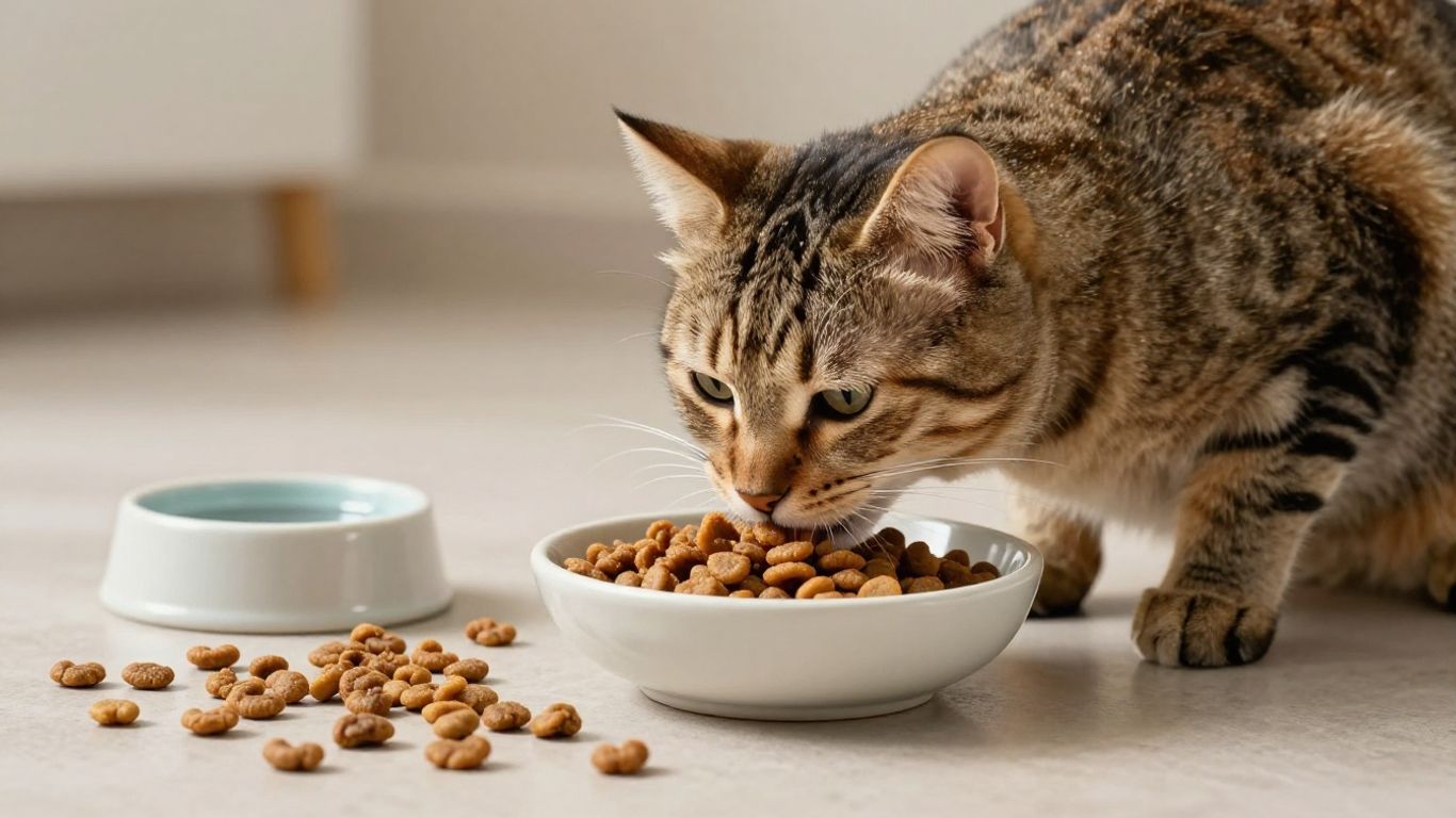 Cat eating from a ceramic bowl
