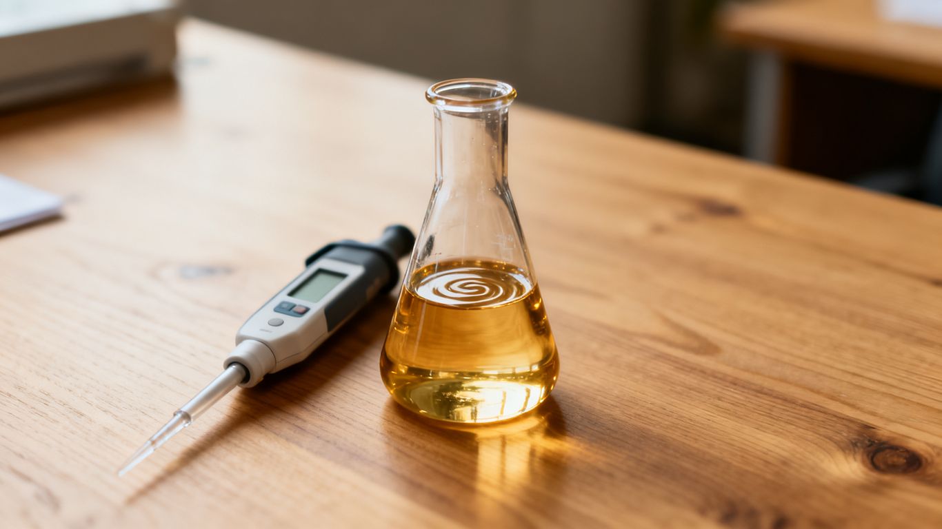 A laboratory flask on a scientific desk