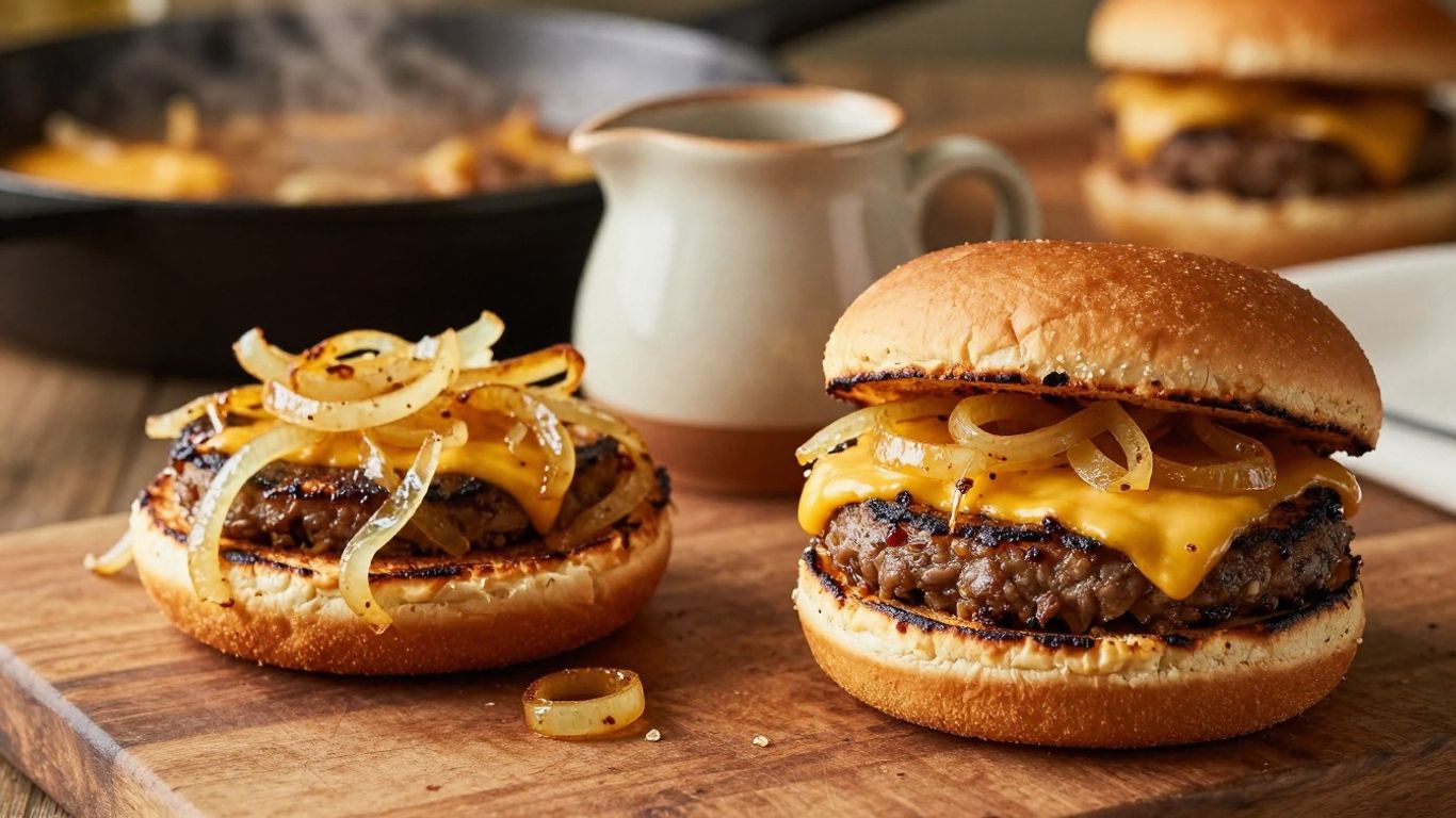 Seared burgers with onions and warm au jus