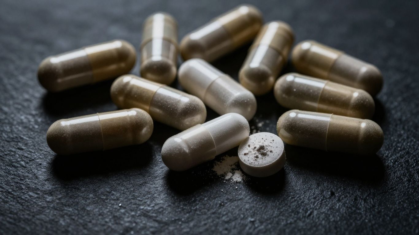 Performance enhancers and supplements on a dark surface.