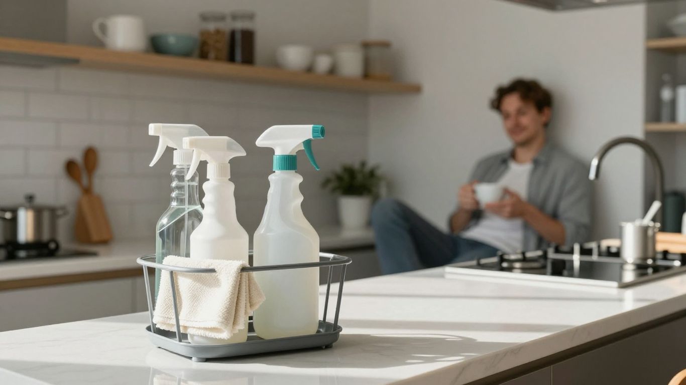 Sparkling clean kitchen with organized supplies and a relaxed person.