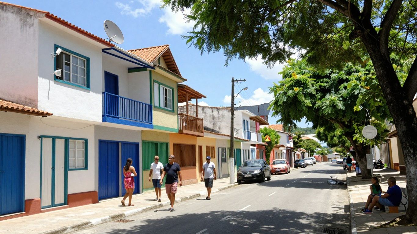 Rua em Peçanha com casas modernas e internet Wi-Fi.