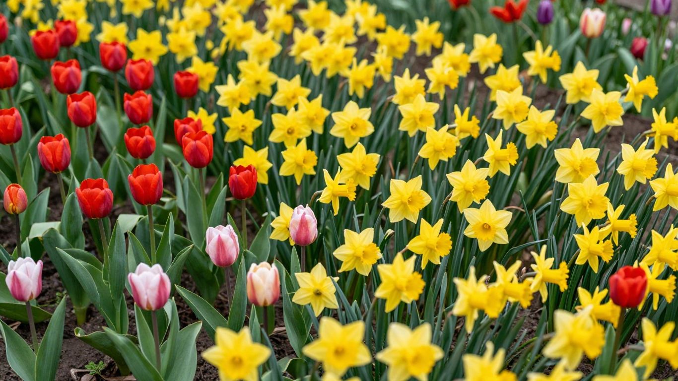 Frühlingsbeet mit bunten Blumen und grünen Blättern