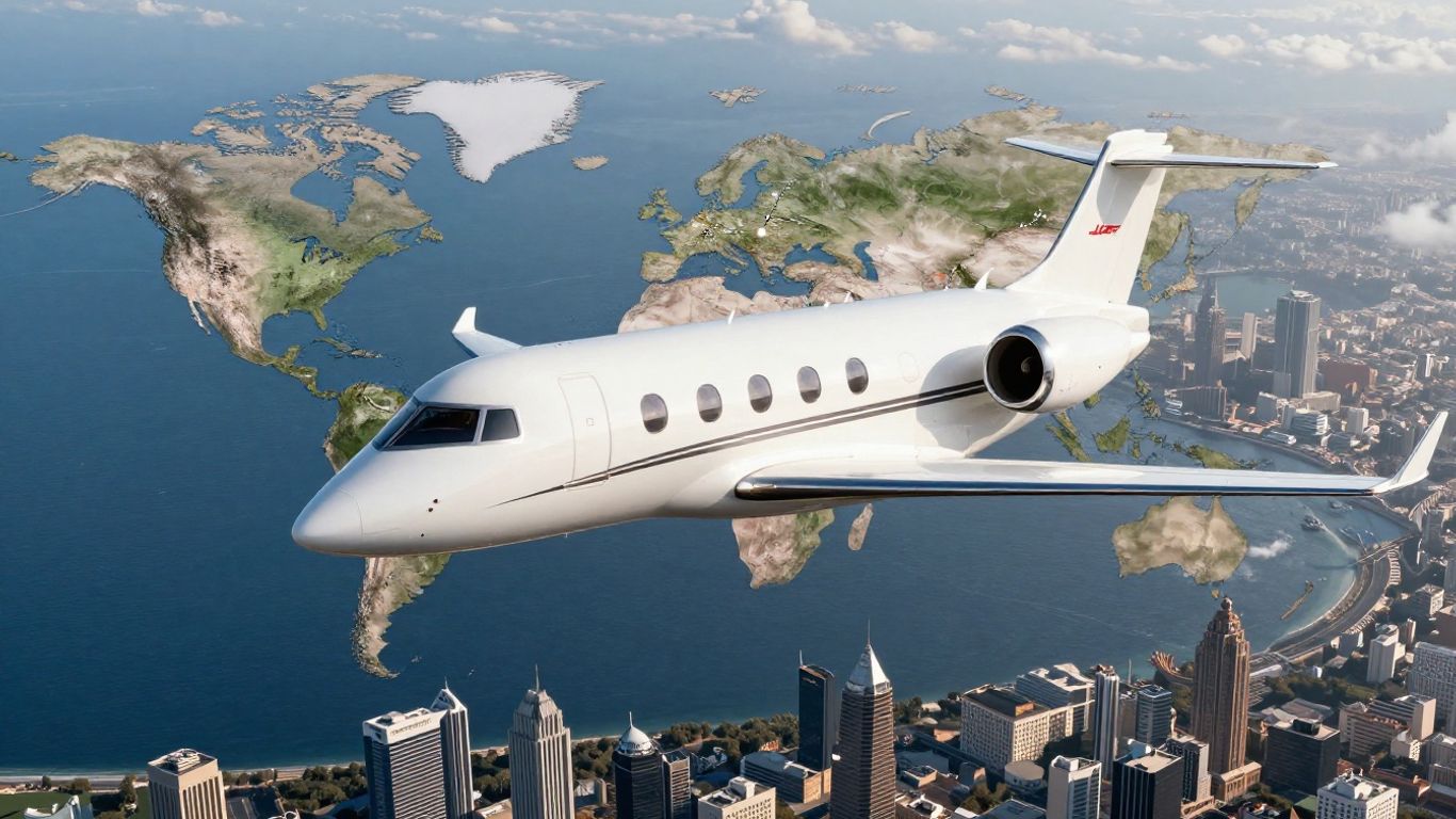 Private jet flying from Mumbai to London.