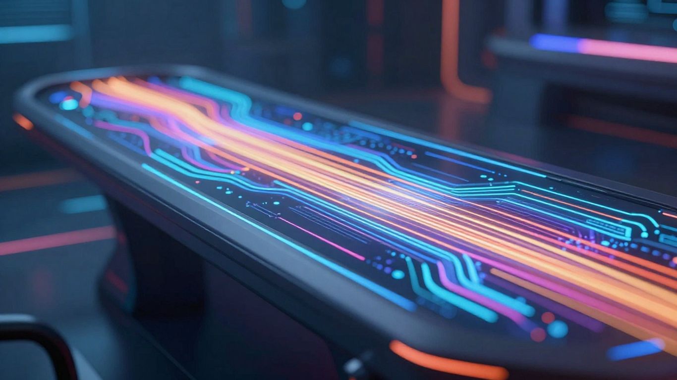 Futuristic AI interface with digital streams and light patterns.