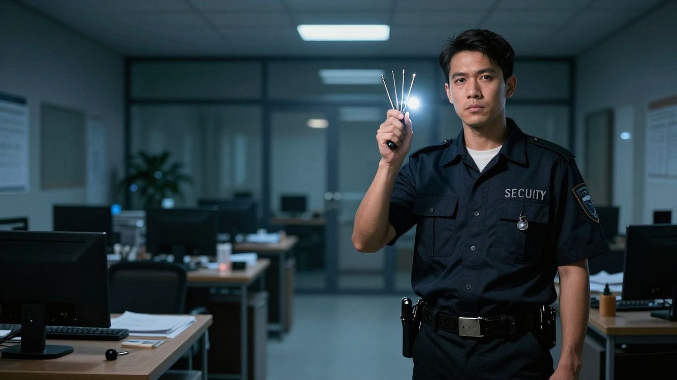 Locksmith securing a business building at night.