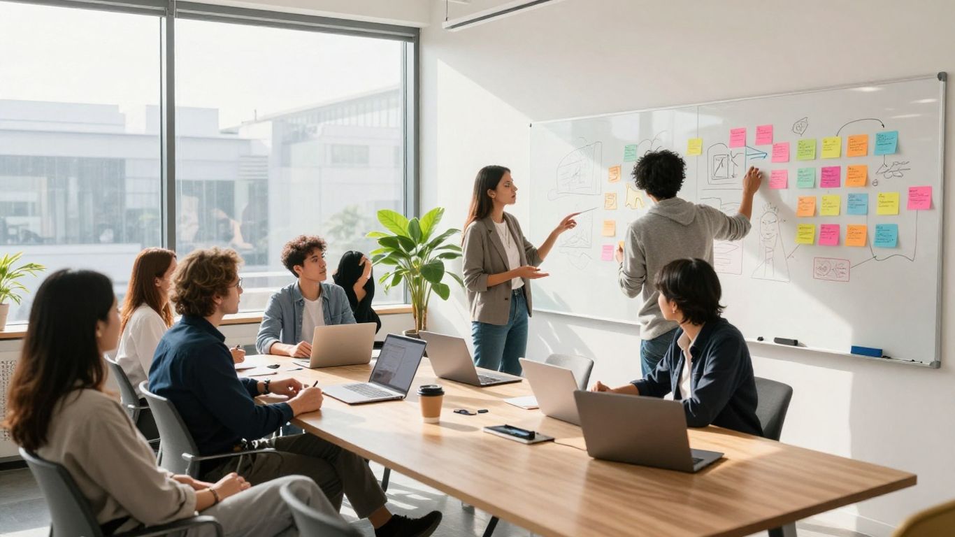 Business people collaborating in a bright, modern office.