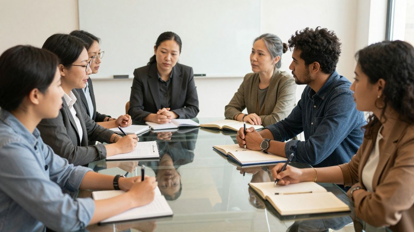 Professional team discussing operational strategies in office