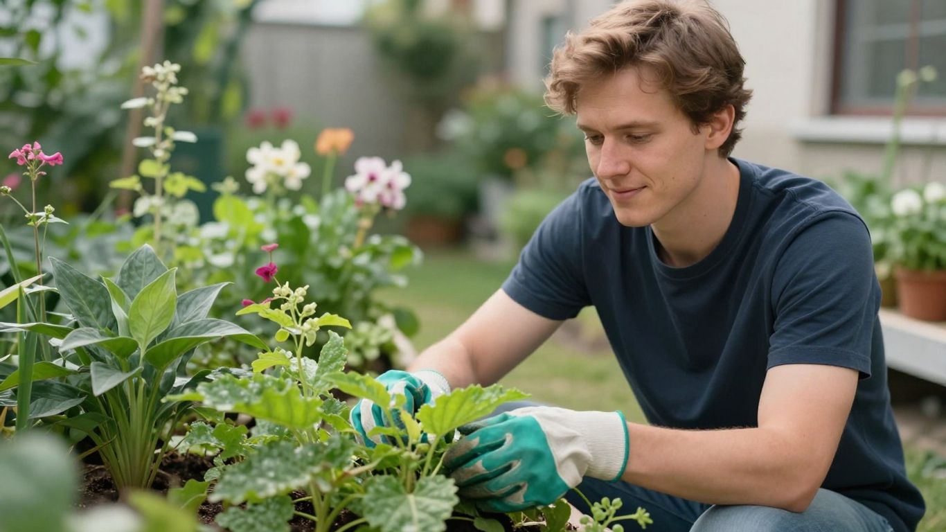Urban gardener tending to plants in spring.