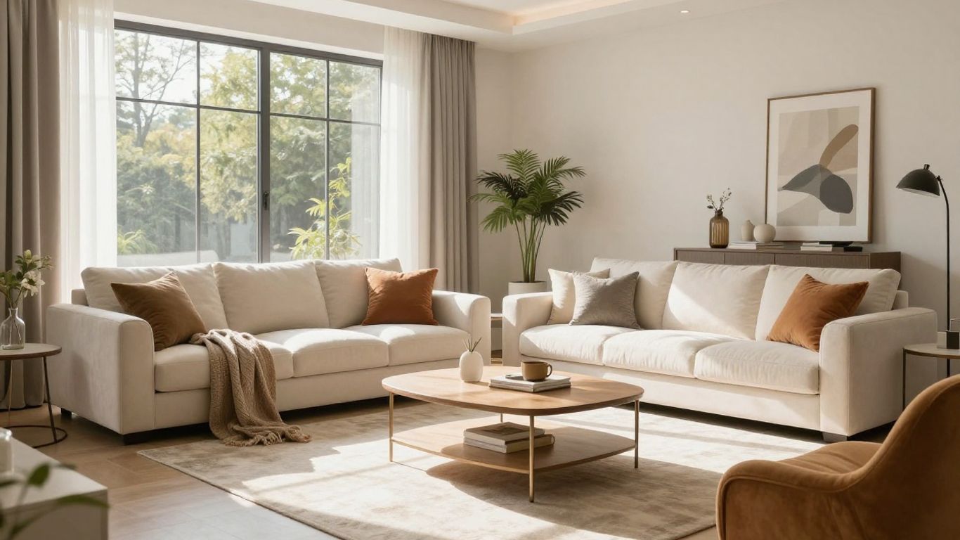 Modern living room with stylish furniture for Airbnb.