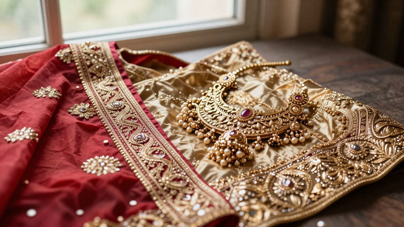 Bridal jhumka earrings beside silk wedding attire