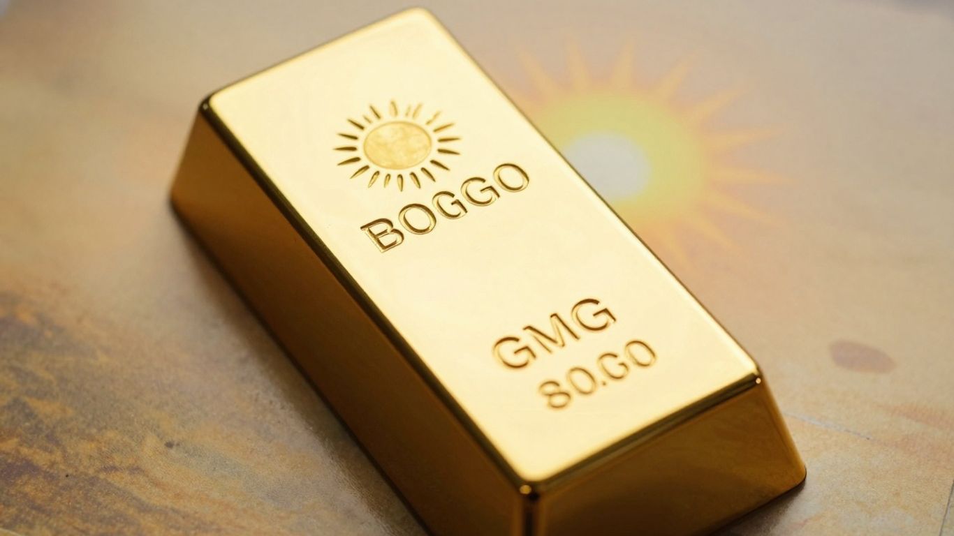 Lingot d'or brillant avec un soleil levant flou en arrière-plan.