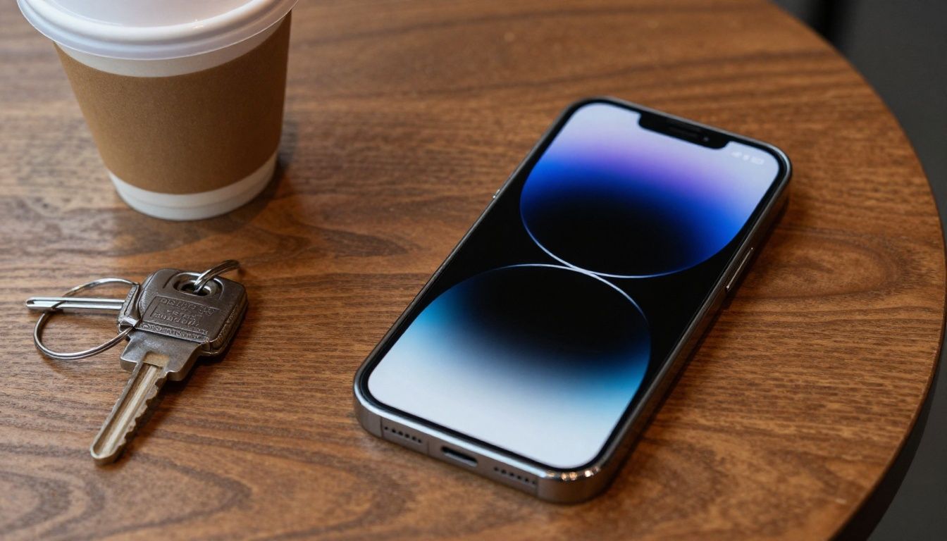 An iPhone 16 Plus with a screen protector and case, sitting on a cafe table next to a coffee and a set of keys, showing everyday use