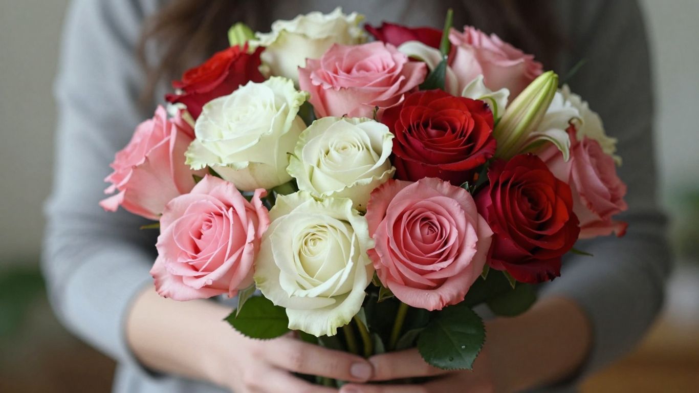 Bouquet of flowers being gifted to a widow.