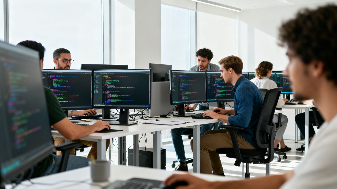 Equipo de programadores trabajando en una oficina moderna