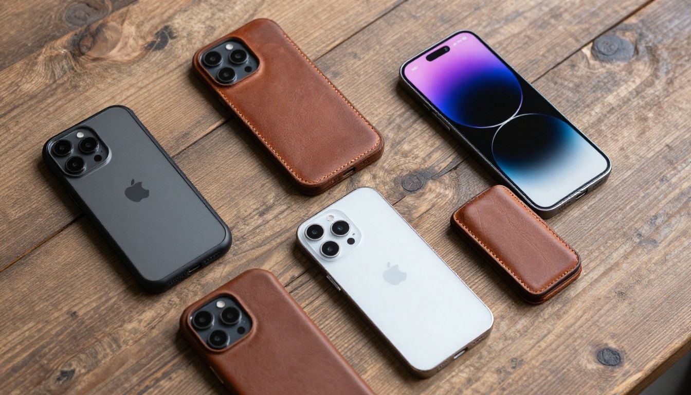 An overhead view of several different iPhone 15 Pro Max cases on a rustic wooden surface, showcasing rugged, leather, and clear styles.