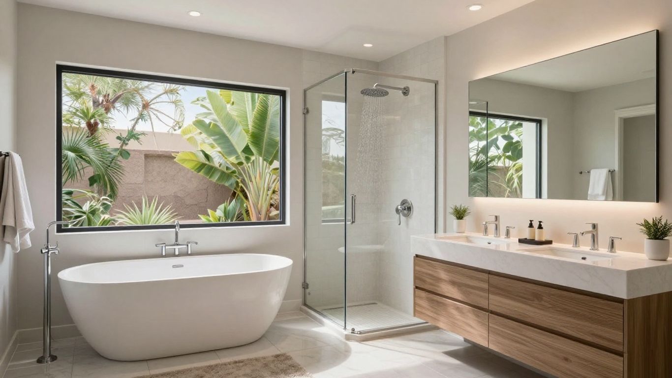 Luxurious modern bathroom with freestanding tub and walk-in shower.