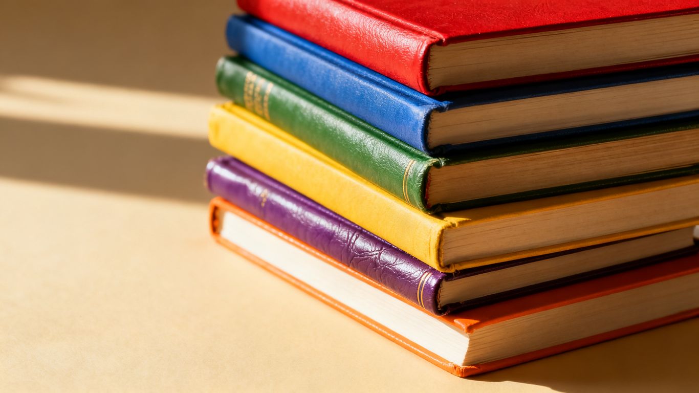 Stack of six books on a table.
