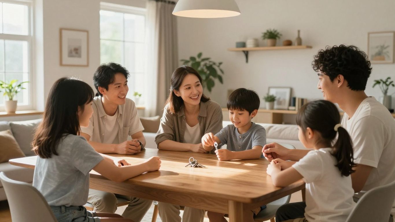 Familia feliz en sala de estar con seguro de hogar.