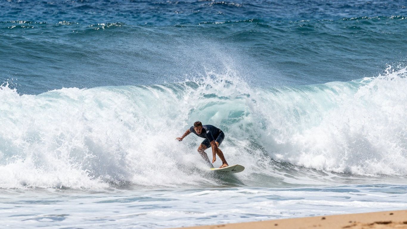 Skimboarder rides a huge wave at Cabo's shorebreak.