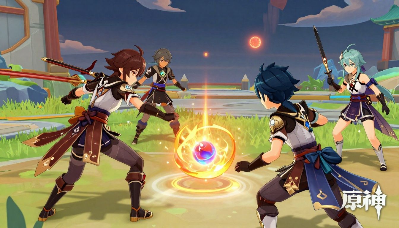 Personagens de diferentes elementos combinando ataques durante uma batalha em Genshin Impact