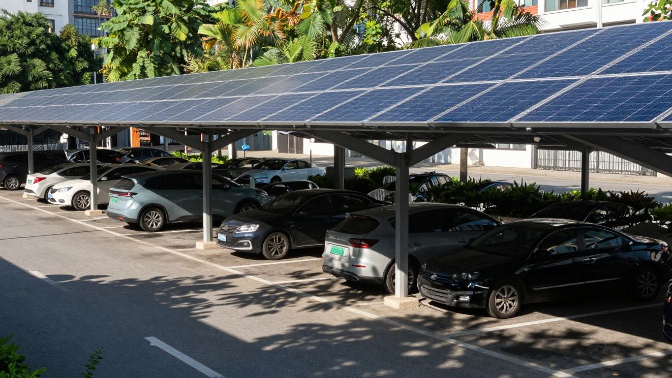 Modern solar carports in a parking lot.