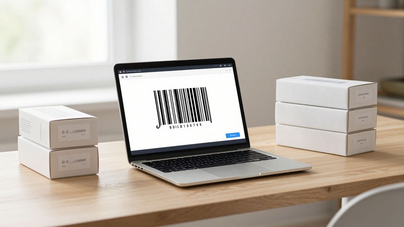 Online barcode printing software on a laptop screen.