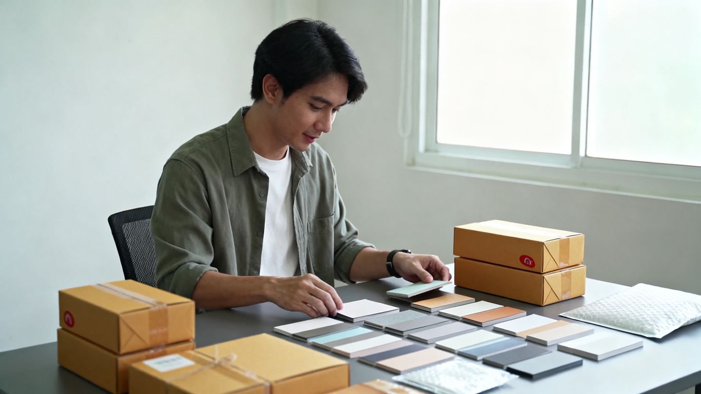 A seller reviewing product samples and packaging