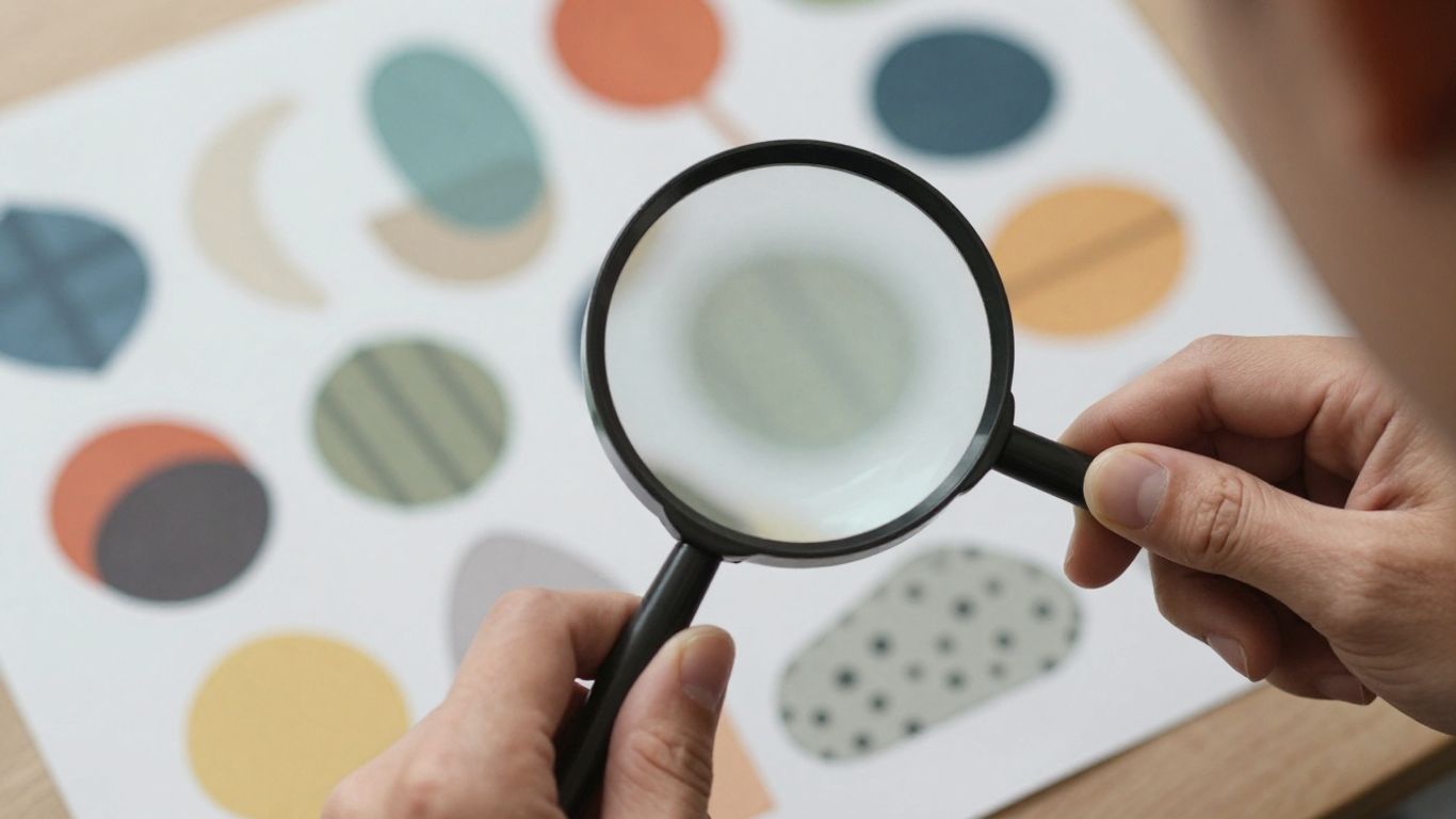 Magnifying glass over abstract shapes for keyword research.