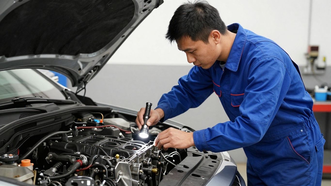 Mechanic inspecting a damaged vehicle engine block