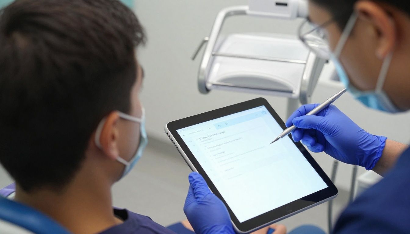 A close-up of a dental hygienist explaining a treatment plan to a patient using a tablet at Dentistry on Guelph.