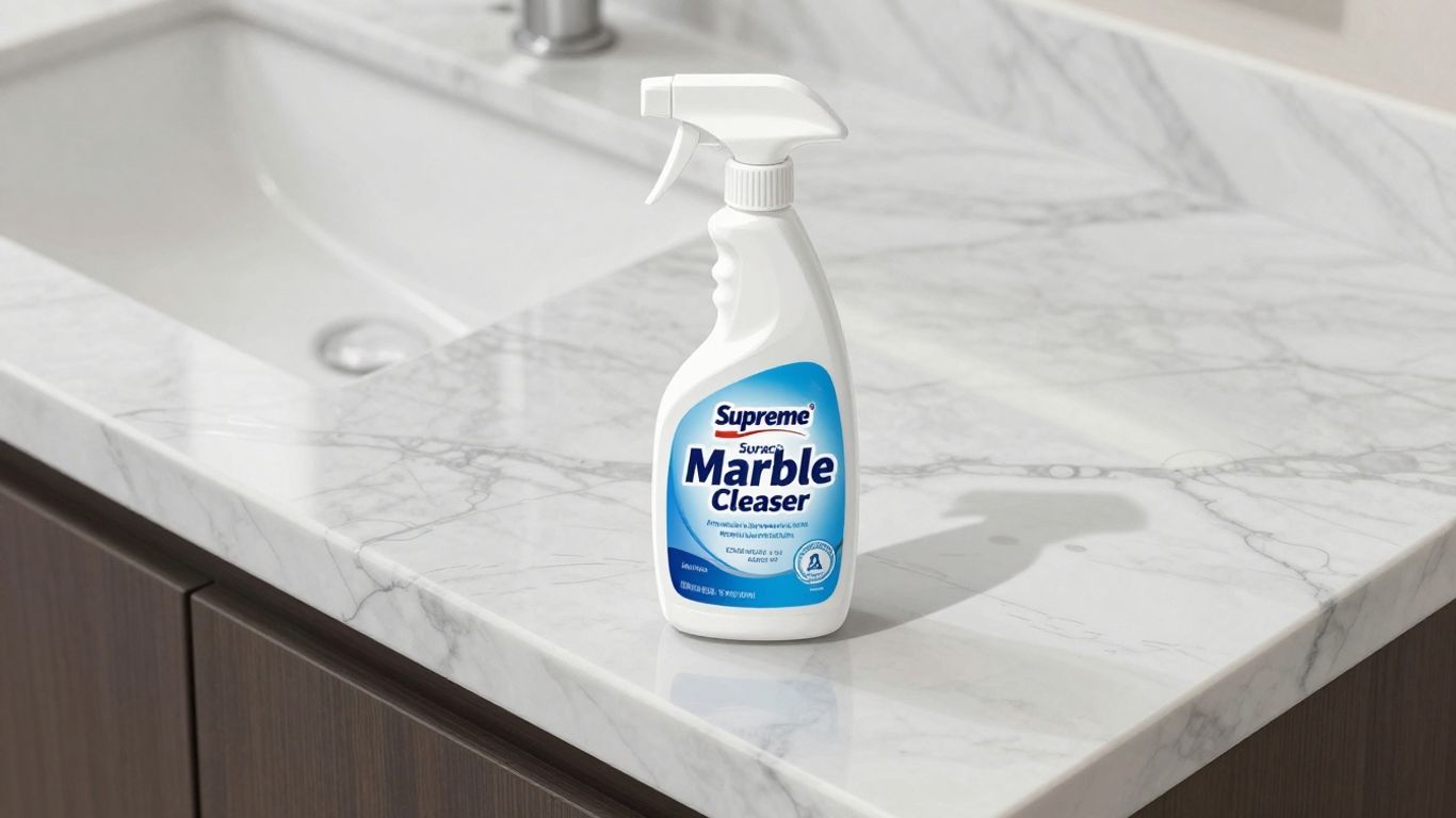 Marble countertop with Supreme Surface cleaner bottle sketch.