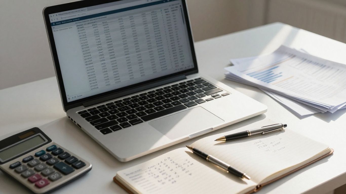 Desk with financial documents and laptop.
