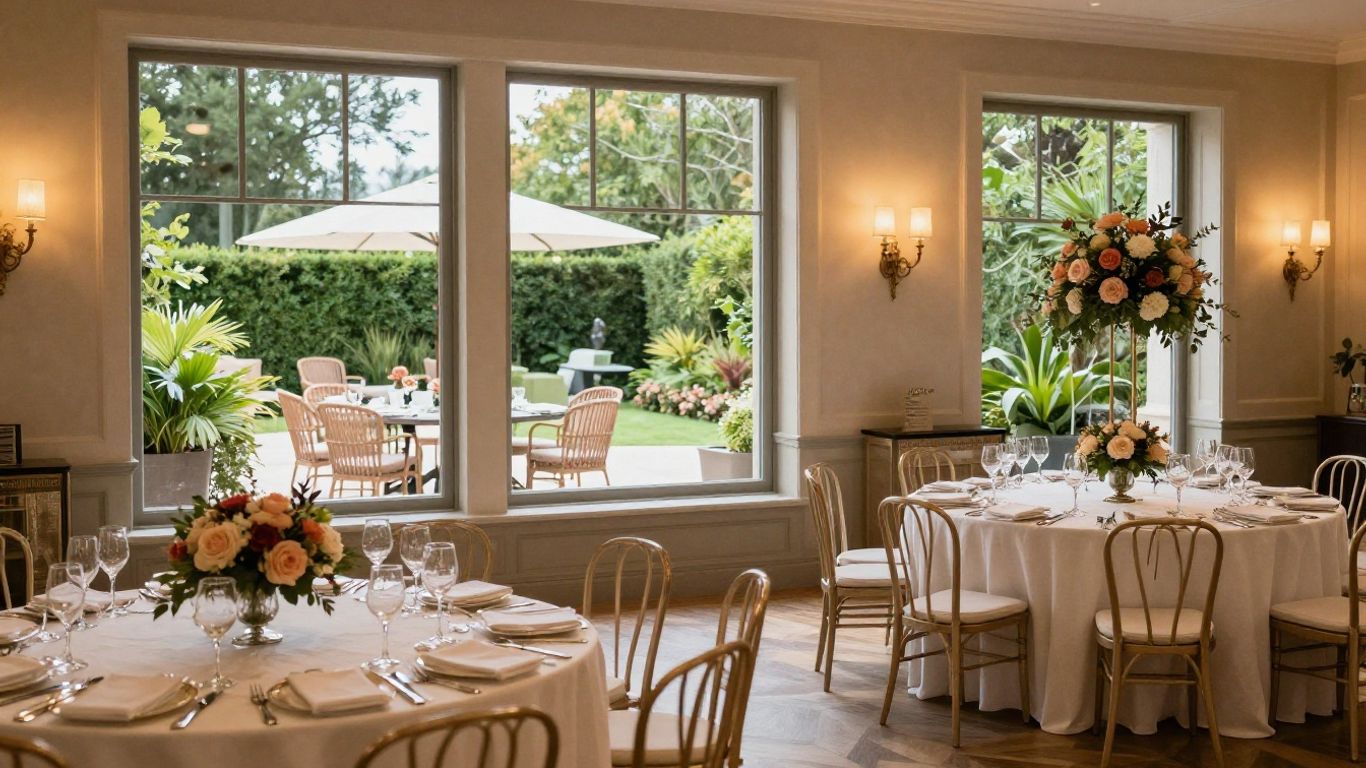 Elegant event venue interior with patio view in Addison, TX.