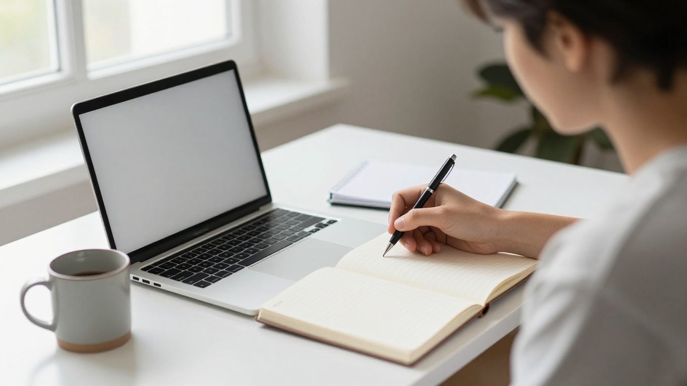 Person reviewing account notes beside laptop and notebook