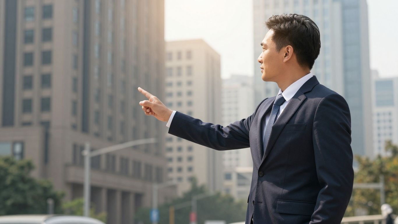 Consultant discussing property investment with cityscape background.