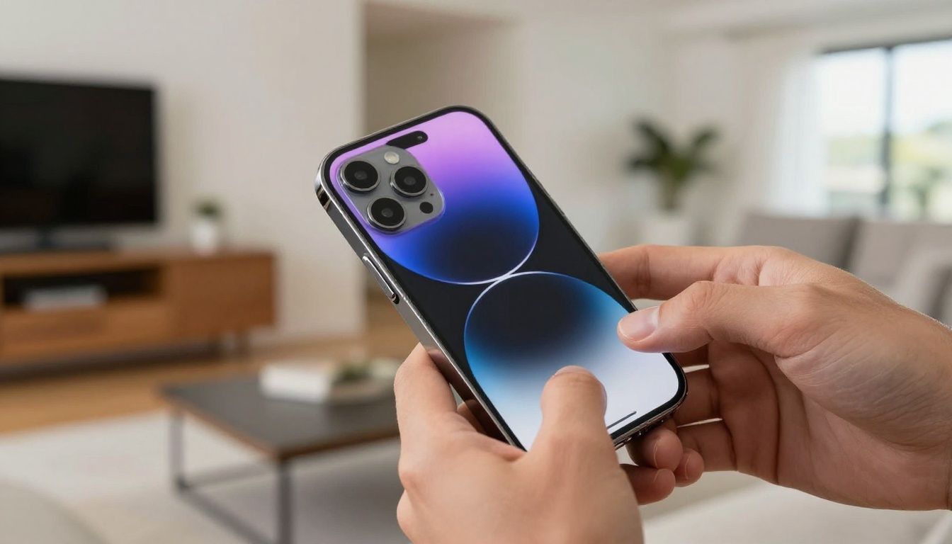 A person carefully placing their iPhone 14 Pro Max into a sleek, protective case, with a blurred background of a modern Australian home.