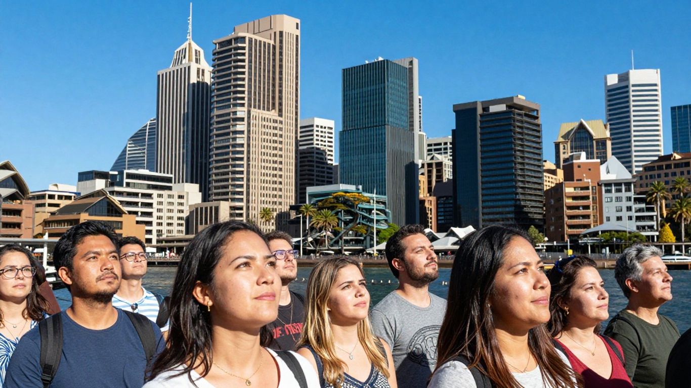 Sydney skyline with people looking towards future opportunities.