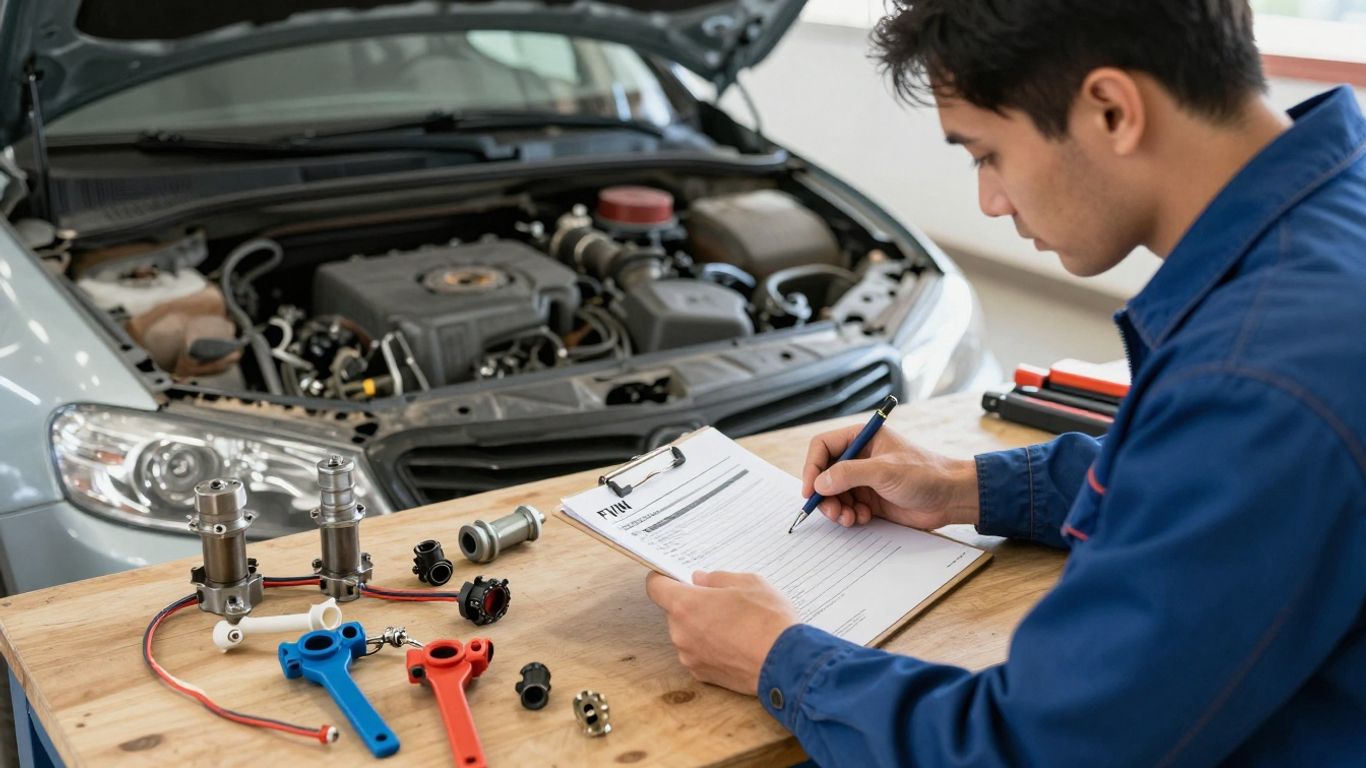 Mechanic checking PT Cruiser parts and VIN