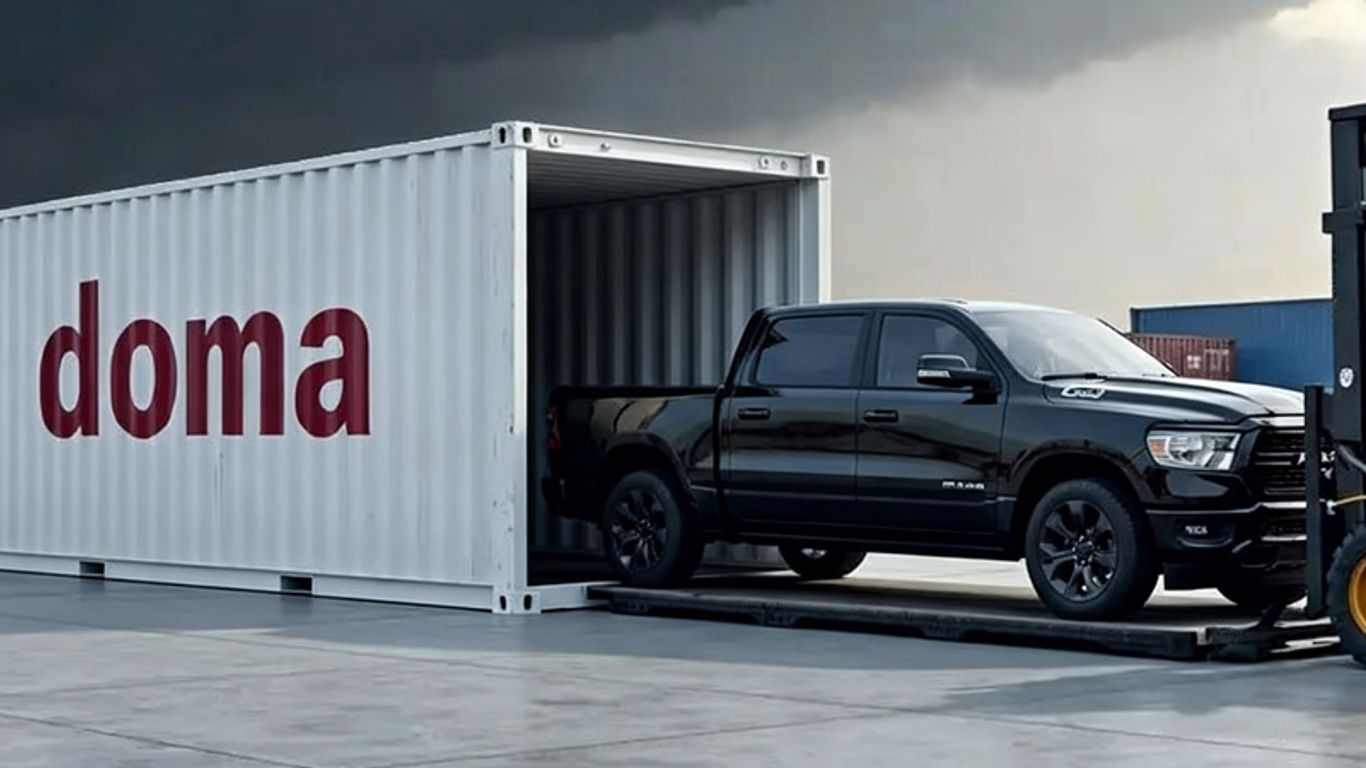 A black truck is being loaded into a shipping container by a forklift.