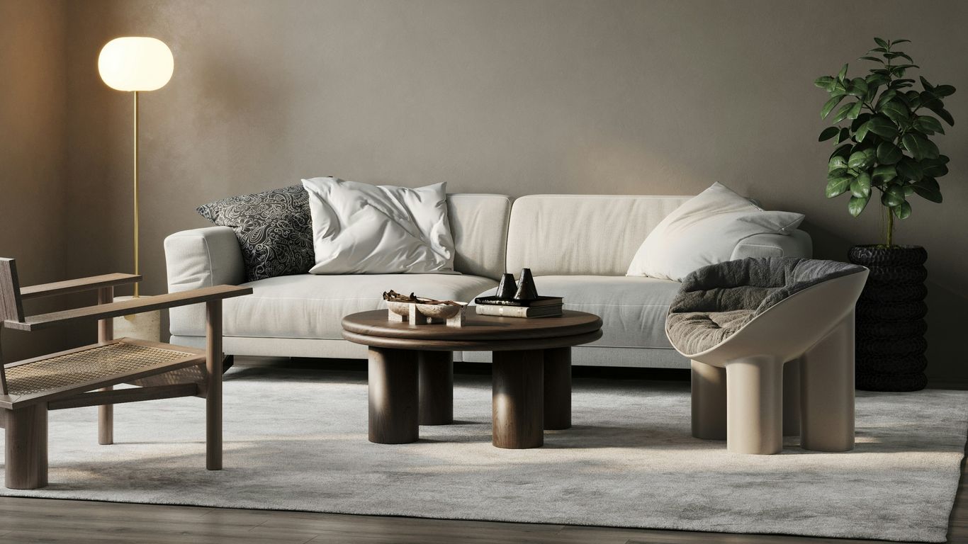 Travertine side table beside seating