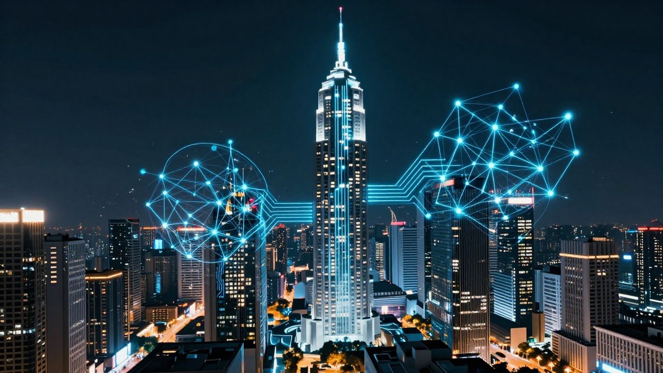 Intelligence artificielle générative en 2026 illustrée par une ville futuriste Ville futuriste avec des circuits numériques lumineux et IA représentant l'avenir technologique de 2026
