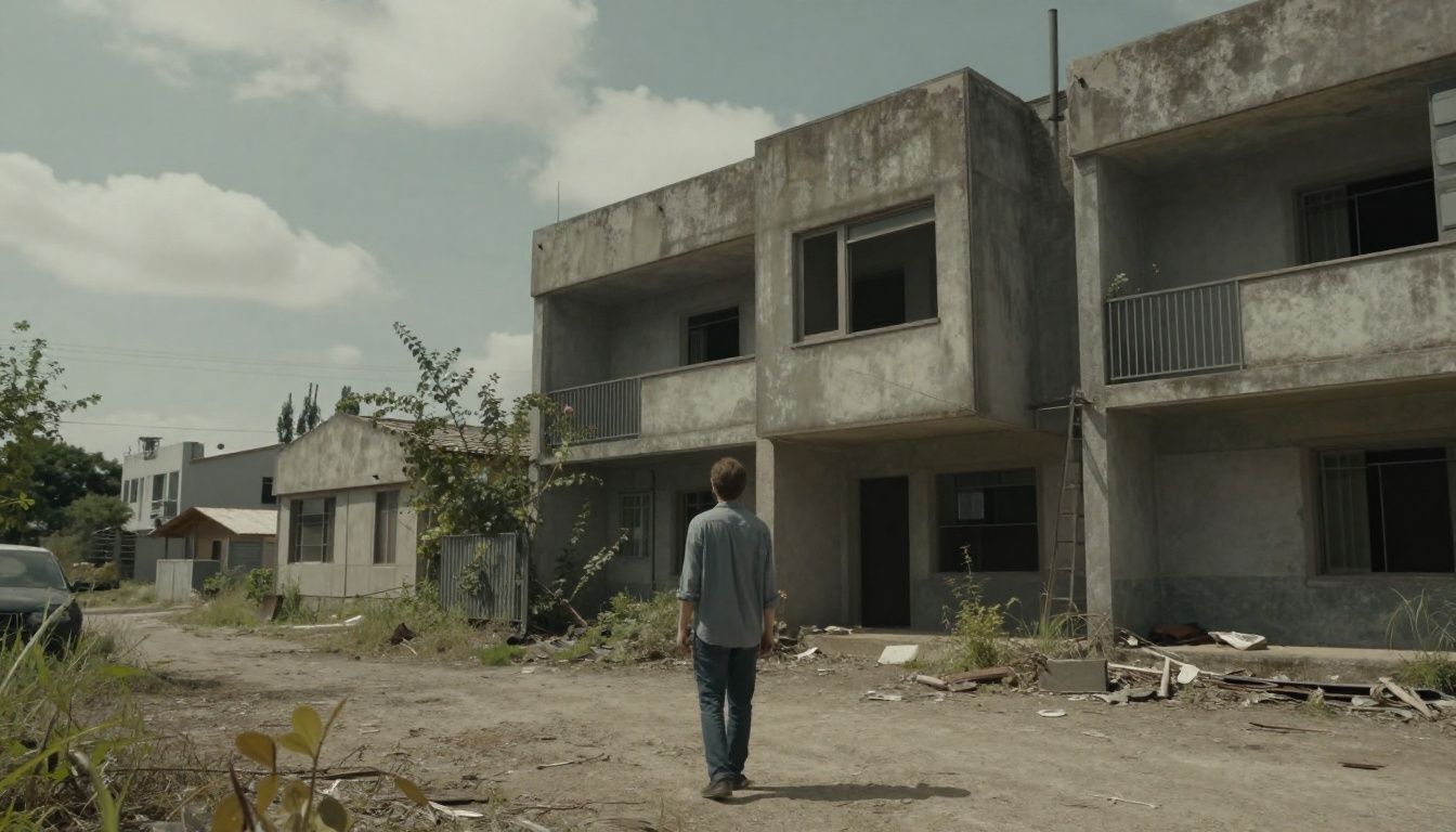 Um sobrevivente explorando uma cidade abandonada durante o pôr do sol em um cenário pós-apocalíptico