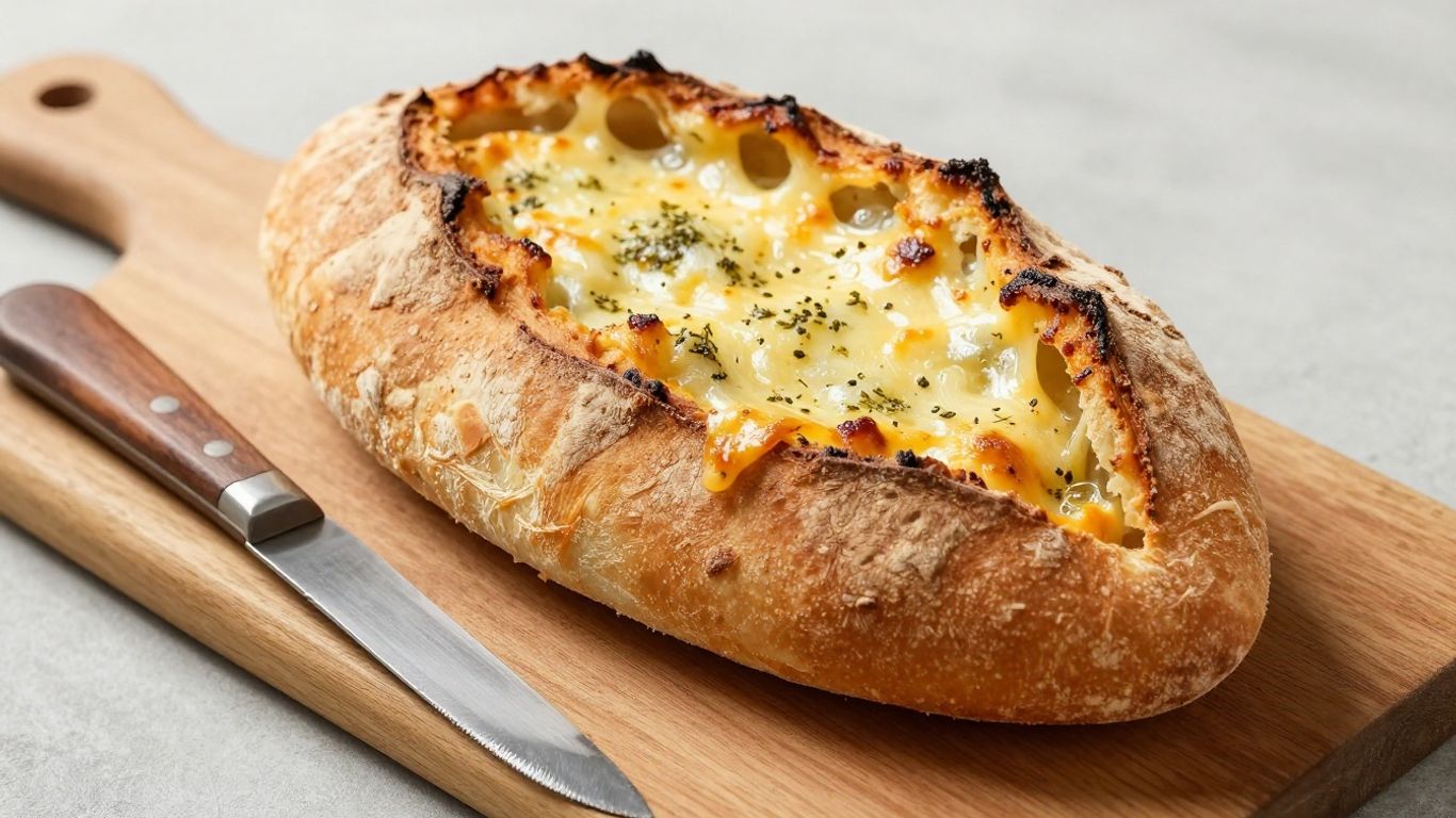 Cheesy cob loaf with herbs on a wooden board.